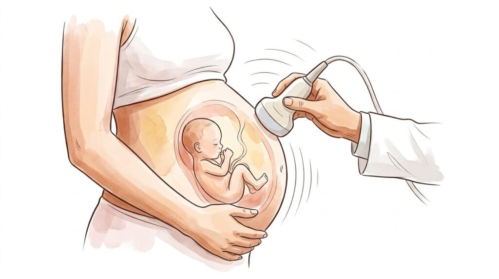 Ilustración en acuarela de una mujer embarazada durante una ecografía, con la sonda sobre la barriga y el bebé dentro