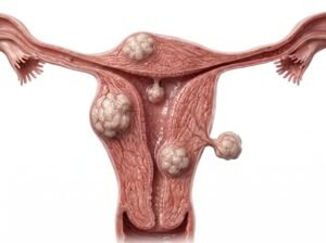 Ilustración de un útero en corte con miomas en distintas posiciones: hacia el interior de la cavidad, dentro de la pared y hacia el exterior del útero