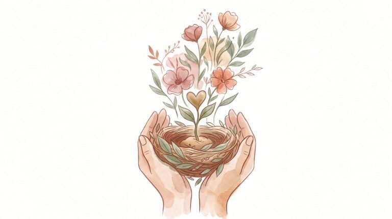 Ilustración en acuarela de unas manos que sostienen un nido del que brota una planta con forma de corazón rodeada de flores