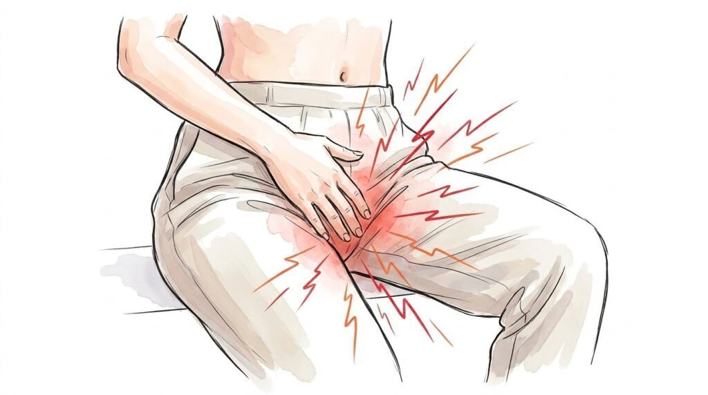 Ilustración en acuarela de una mujer sentada que se lleva la mano a la zona íntima por picor o molestias