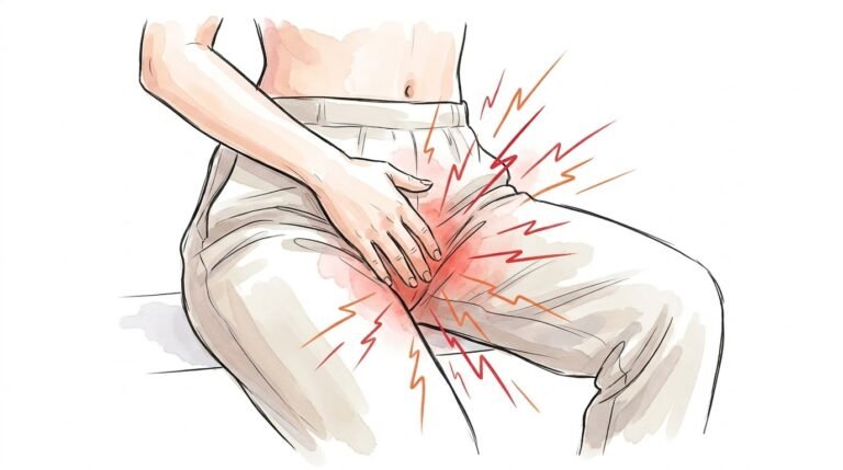 Ilustración en acuarela de una mujer sentada que se lleva la mano a la zona íntima por picor o molestias