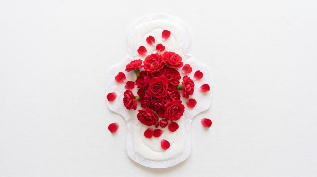 Compresa sobre fondo blanco cubierta de flores y pétalos rojos