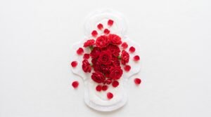 Compresa sobre fondo blanco cubierta de flores y pétalos rojos